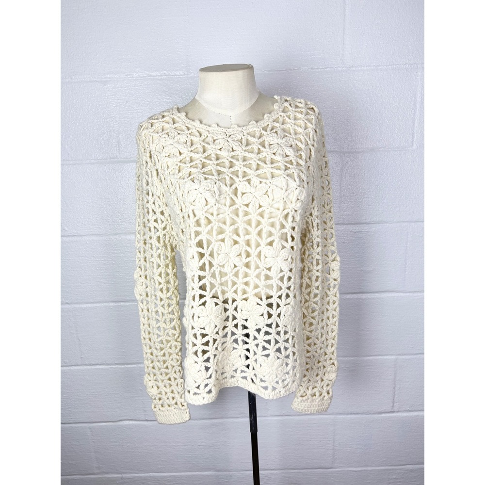 Hippie Laundry Ivory Crochet Open Knit Sweater Top Large Boho T1591